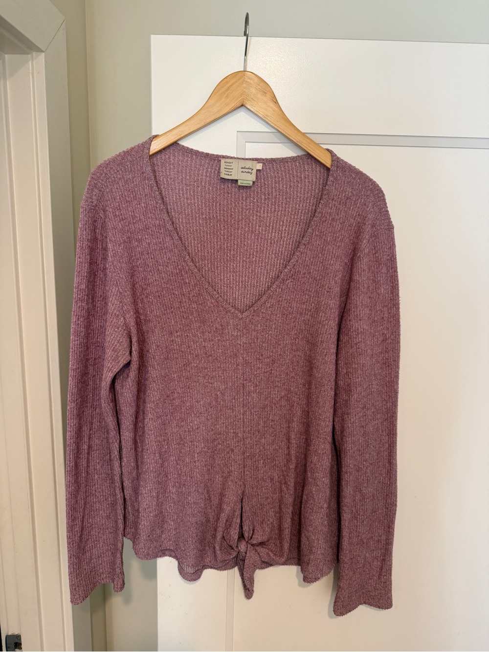 Anthropologie Dusty Mauve Ribbed V-Neck Tie-Front Sweater